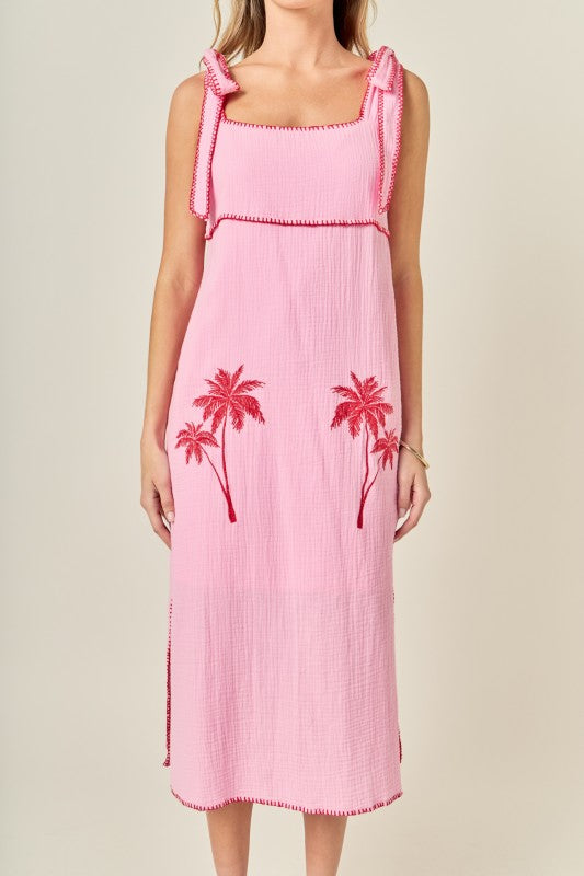 English Factory - Aria Tropical Embroidered Midi Dress PINK/RED / S